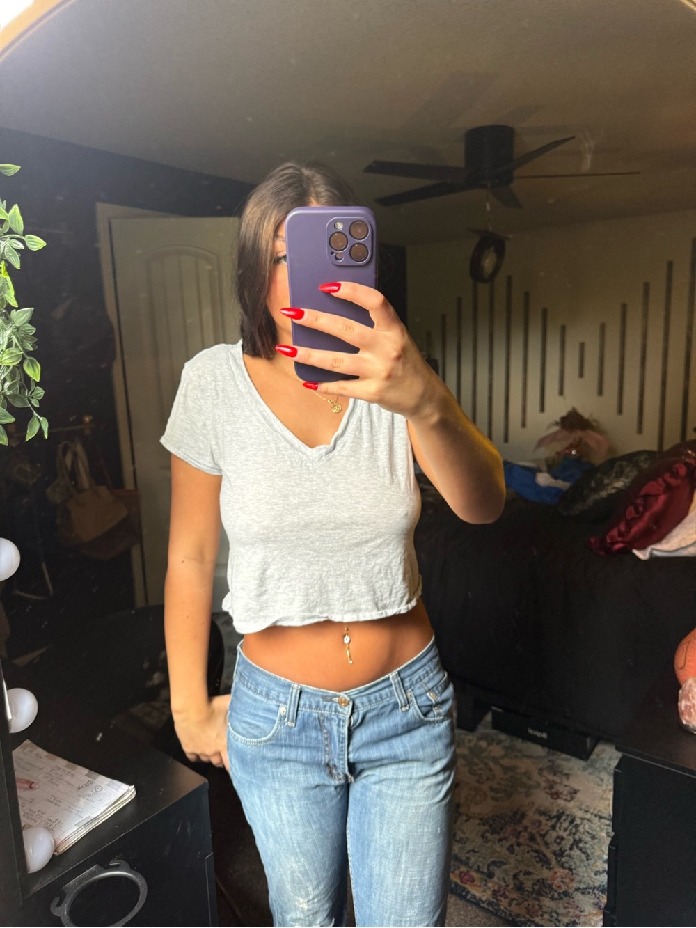 Women's Light Gray V-Neck Cropped Tee by
